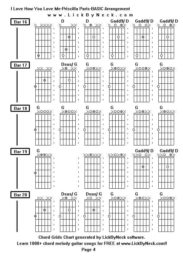 Chord Grids Chart of chord melody fingerstyle guitar song-I Love How You Love Me-Priscilla Paris-BASIC Arrangement,generated by LickByNeck software.